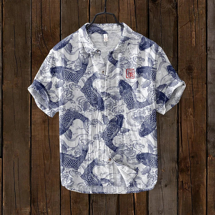 Ogie – Camisa de lino con estampado de peces vintage