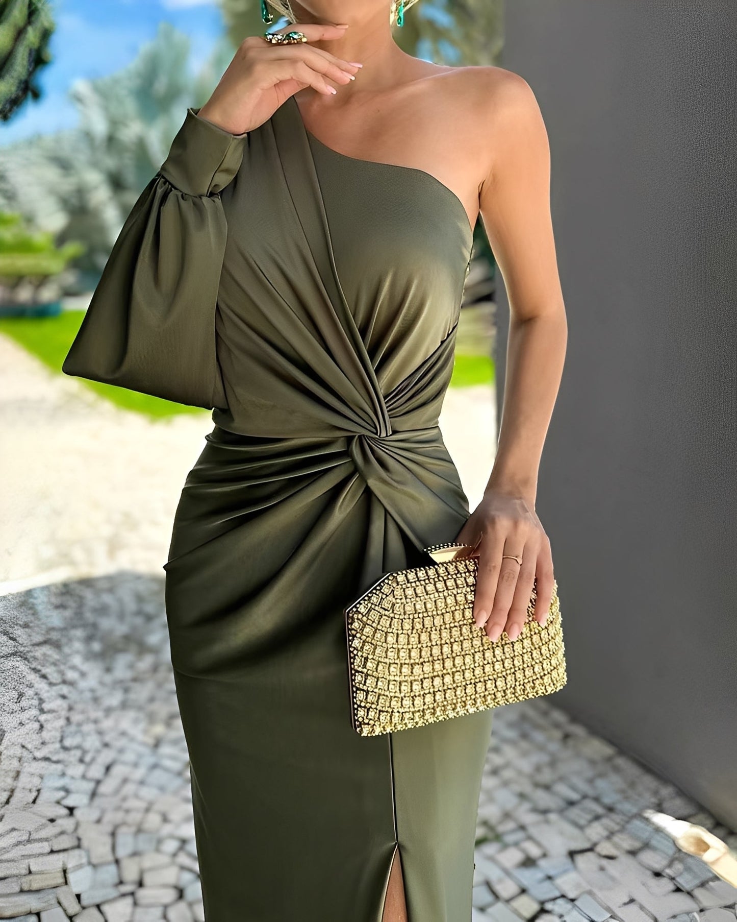 Pauline - Vestido elegante de un hombro con pliegues para mujeres