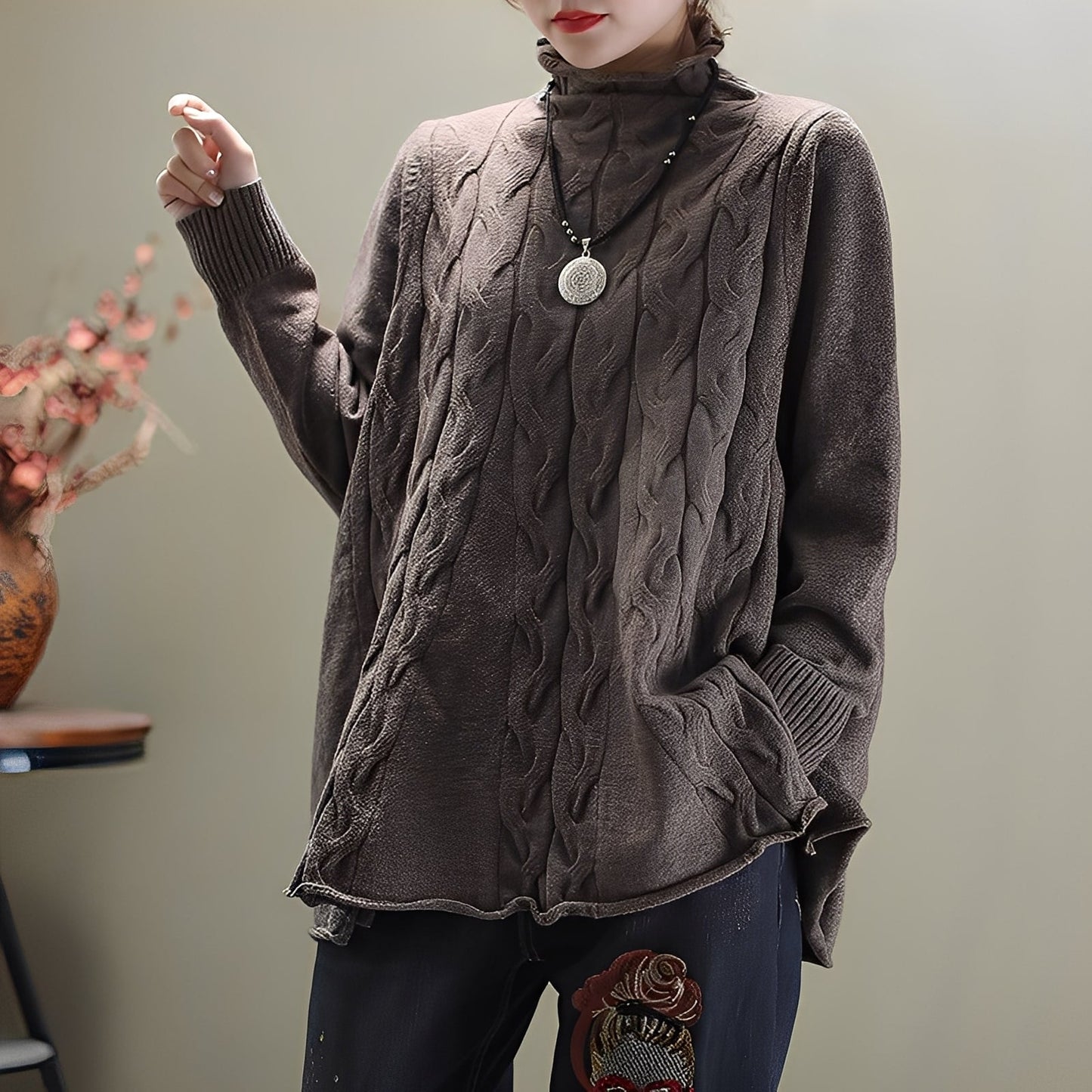 Merla - Jersey de cuello alto cómodo con abertura lateral para mujer