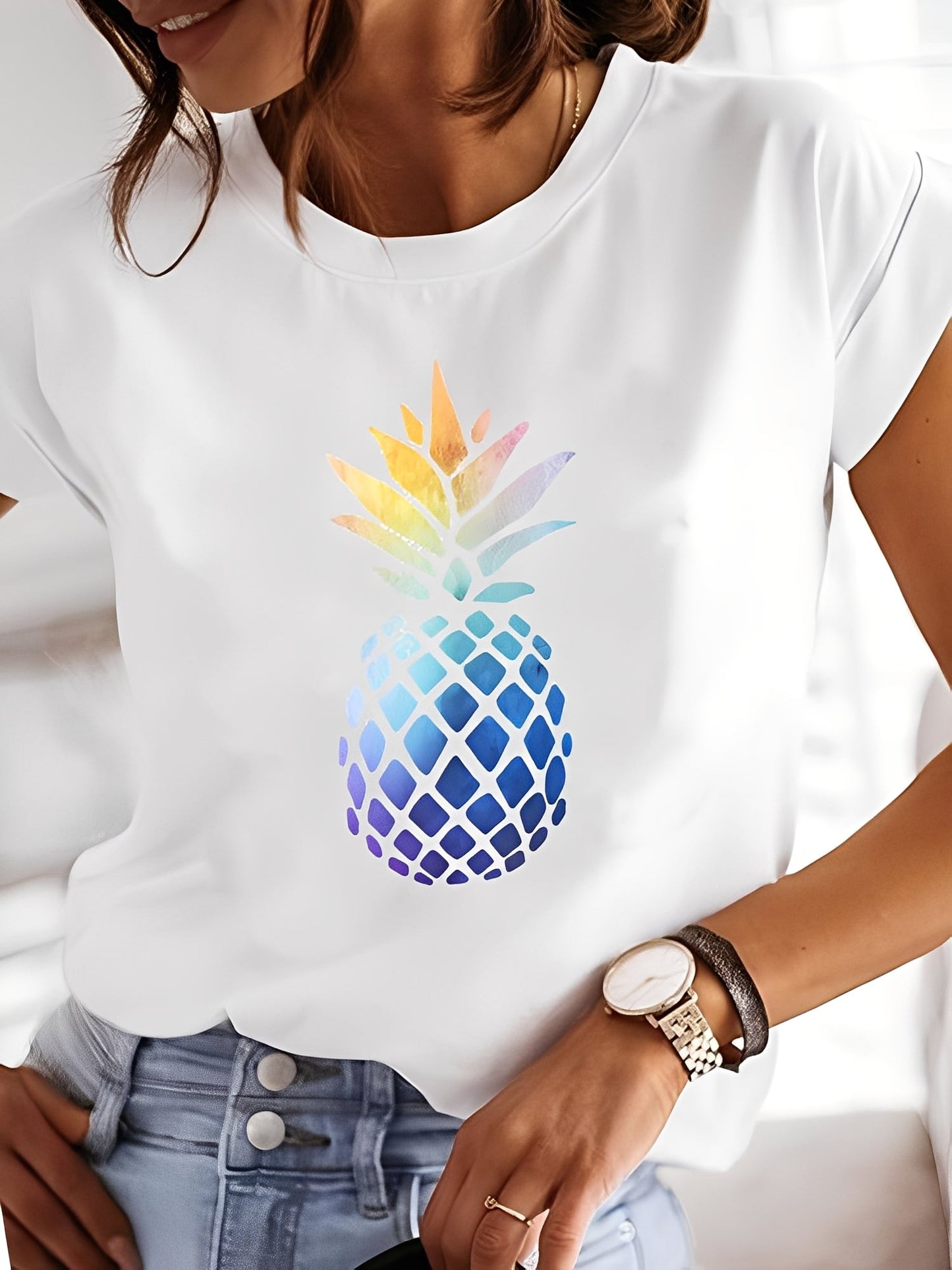 Annalise - Blusa estampada de manga corta, estilo casual para mujer