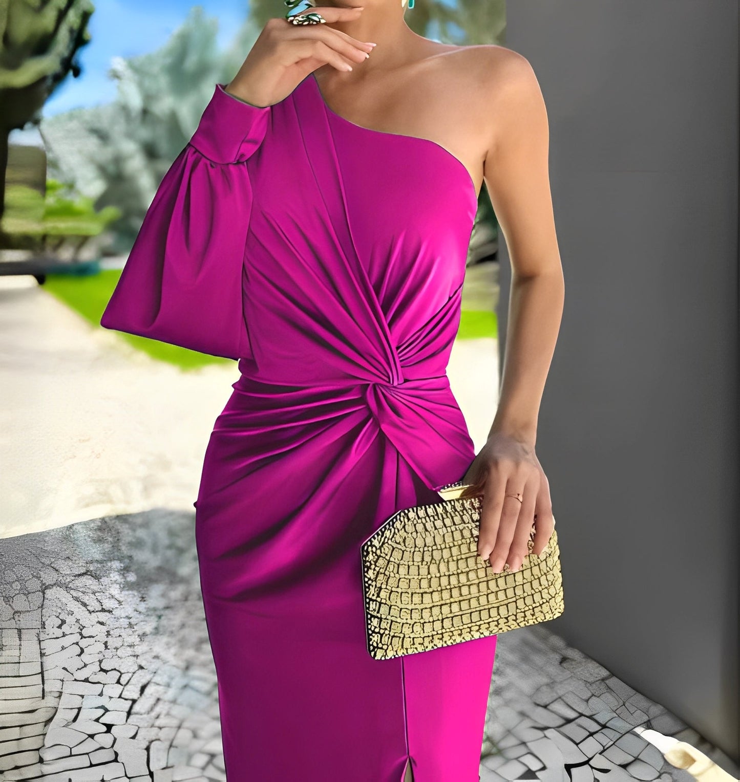 Pauline - Vestido elegante de un hombro con pliegues para mujeres