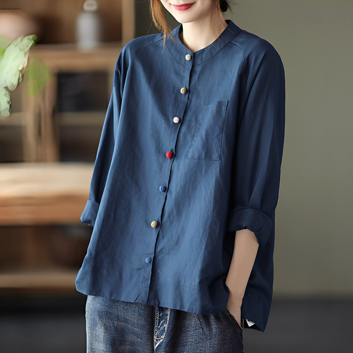 Helen - Blusa suelta para mujeres con mangas largas y bolsillos