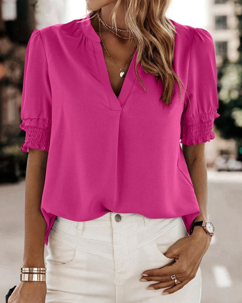 Sophia – Blusa con cuello en V y mangas cortas
