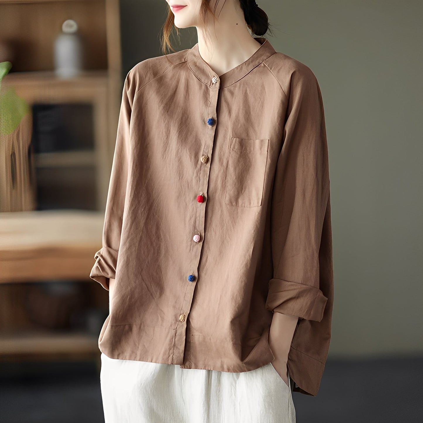 Helen - Blusa suelta para mujeres con mangas largas y bolsillos