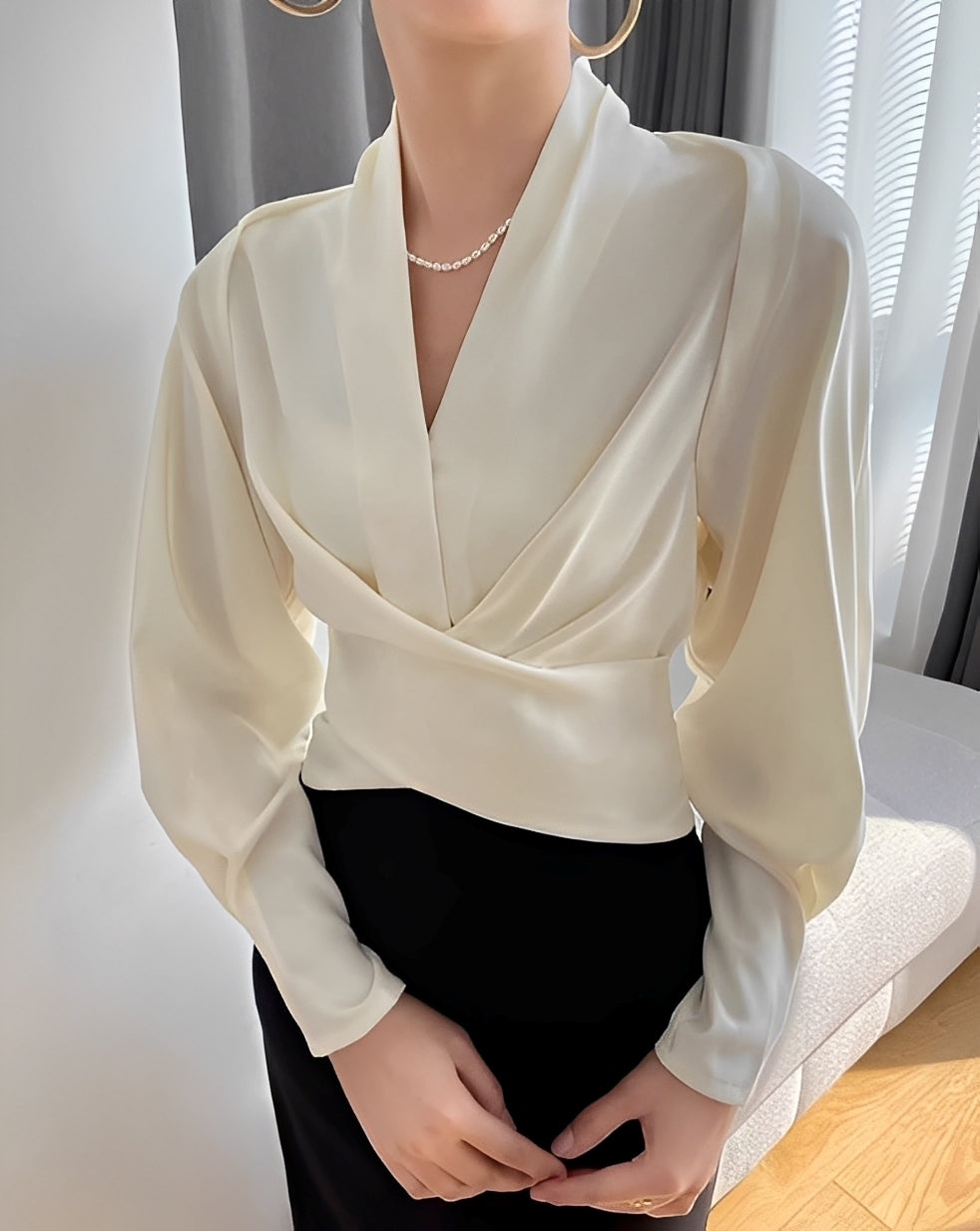 Annora - Blusa de satén sofisticada con mangas largas para mujer