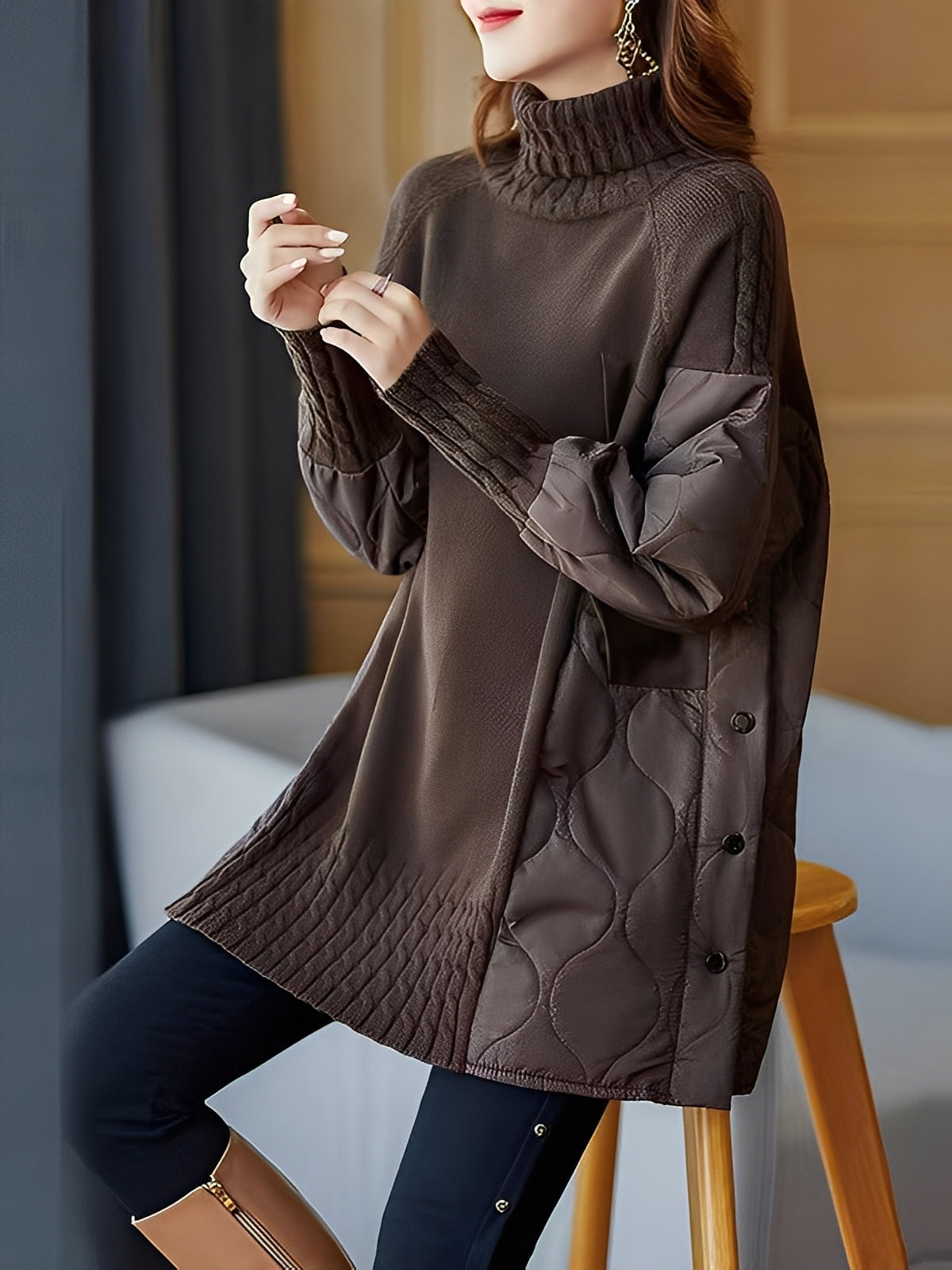 Vonda - Suéter cómodo de cuello alto para mujer