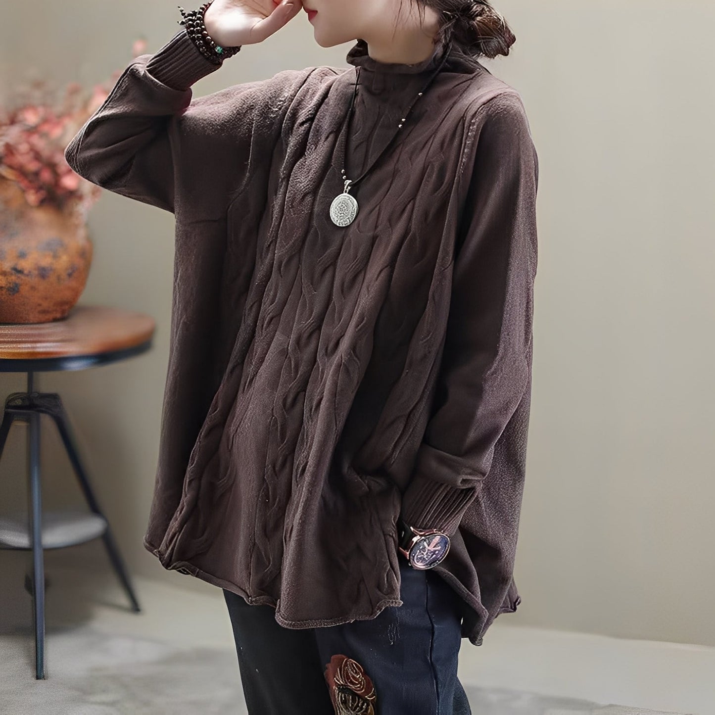Merla - Jersey de cuello alto cómodo con abertura lateral para mujer