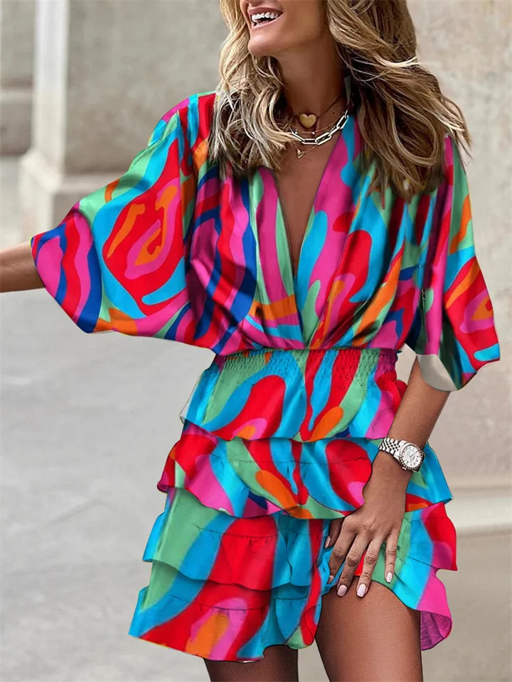 Liora – Vestido Floral con Escote en V y Volantes