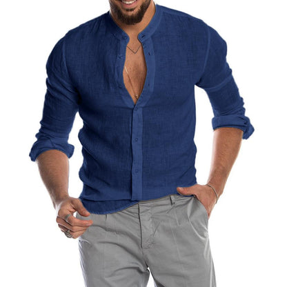 Heath - Camisa de lino para hombres con cuello mao, manga larga