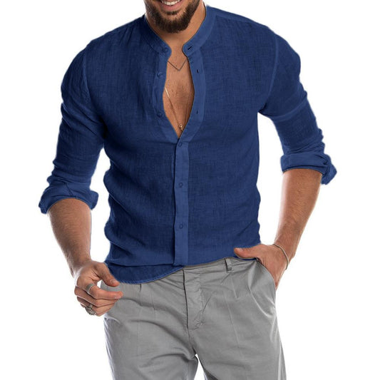 Heath - Camisa de lino para hombres con cuello mao, manga larga