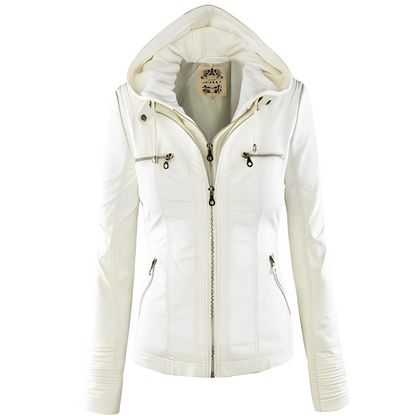 Janene - Chaqueta de cuero casual y a prueba de agua con capucha para mujeres