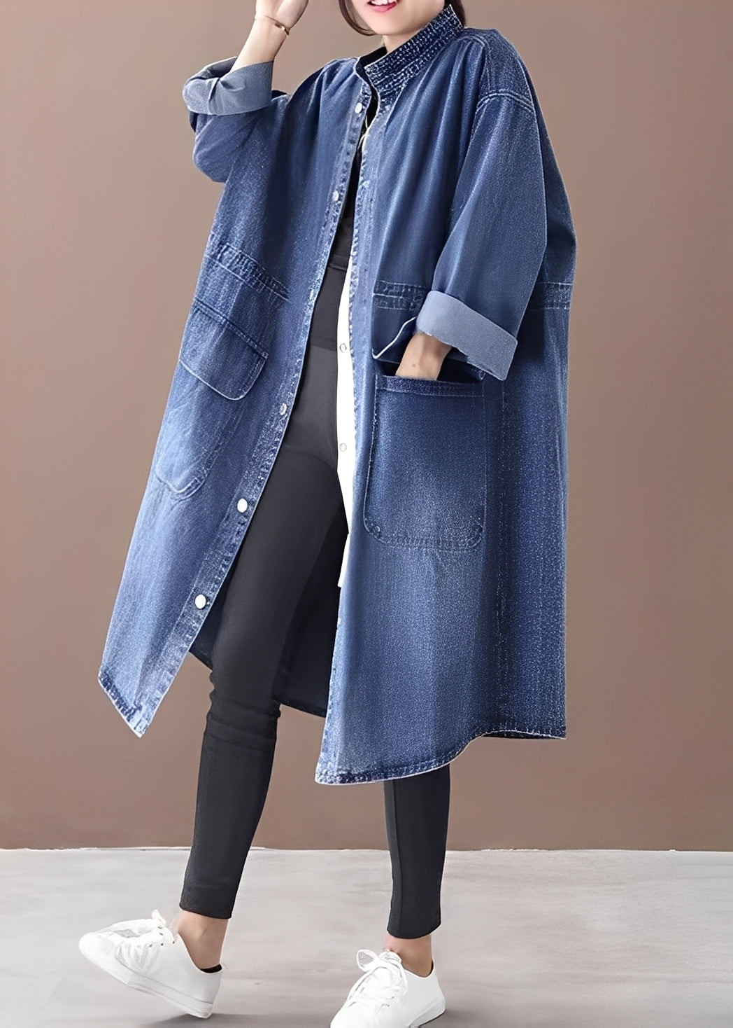 Jacinda - Chaqueta de jean espaciosa con cuello alto para mujer