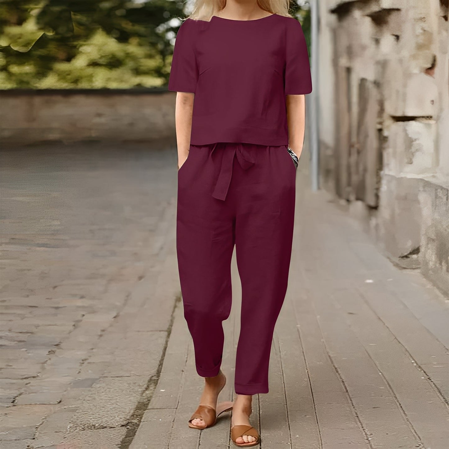 Kerine - Conjunto de pantalón de algodón y lino para mujer
