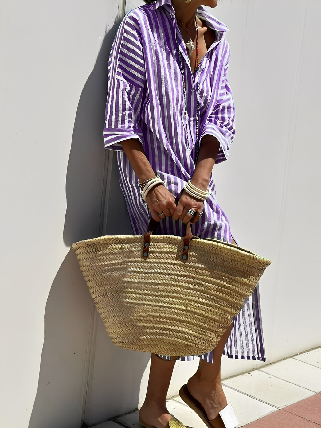 Merilyn - Vestido tipo camisa cómodo con líneas para mujeres