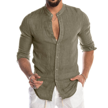 Heath - Camisa de lino para hombres con cuello mao, manga larga