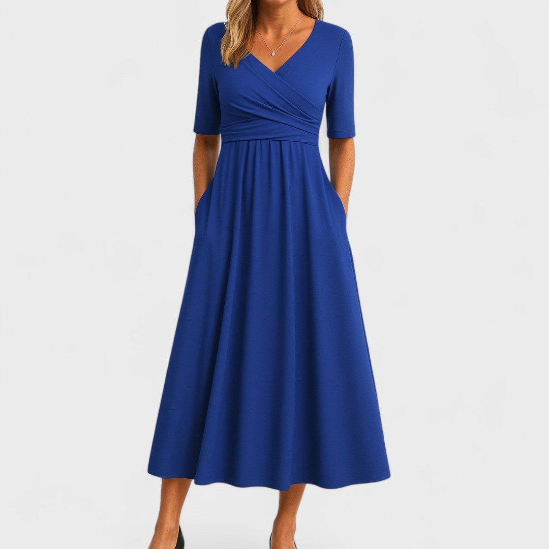 Riley – Vestido Midi Elegante con Cuello en Sobrepuesto
