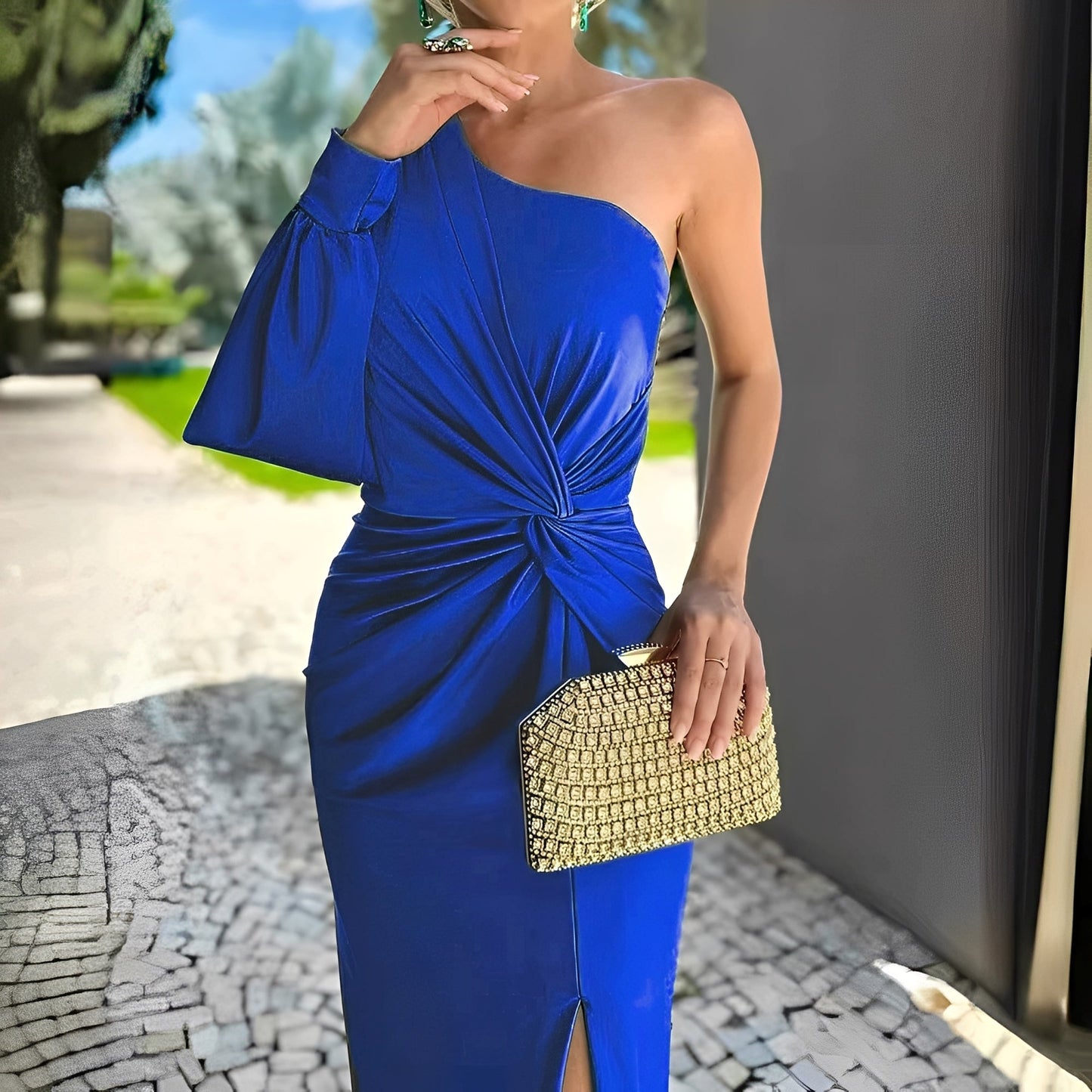 Pauline - Vestido elegante de un hombro con pliegues para mujeres