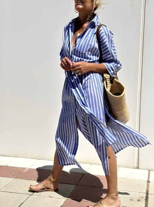 Merilyn - Vestido tipo camisa cómodo con líneas para mujeres