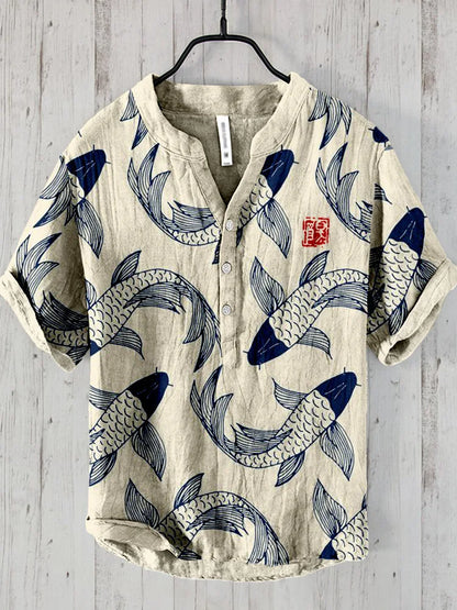 Ogie – Camisa de lino con estampado de peces vintage