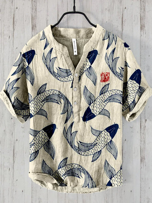 Ogie – Camisa de lino con estampado de peces vintage