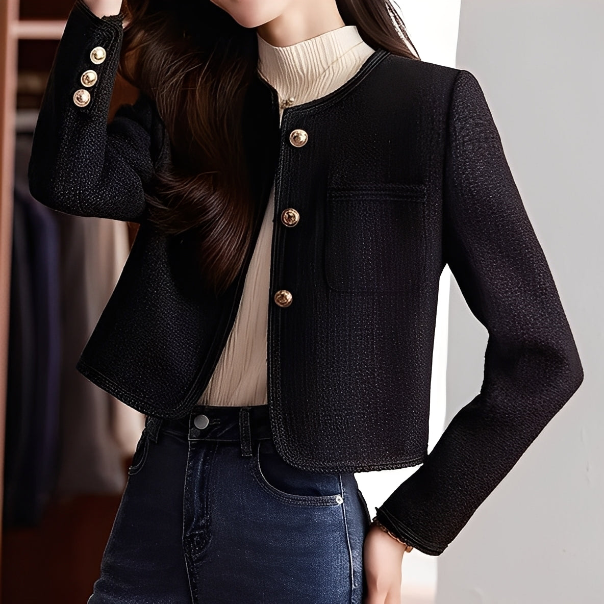 Trecia - Chaqueta corta de tweed elegante para mujer