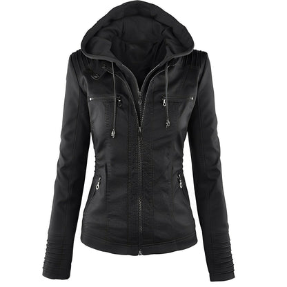 Janene - Chaqueta de cuero casual y a prueba de agua con capucha para mujeres