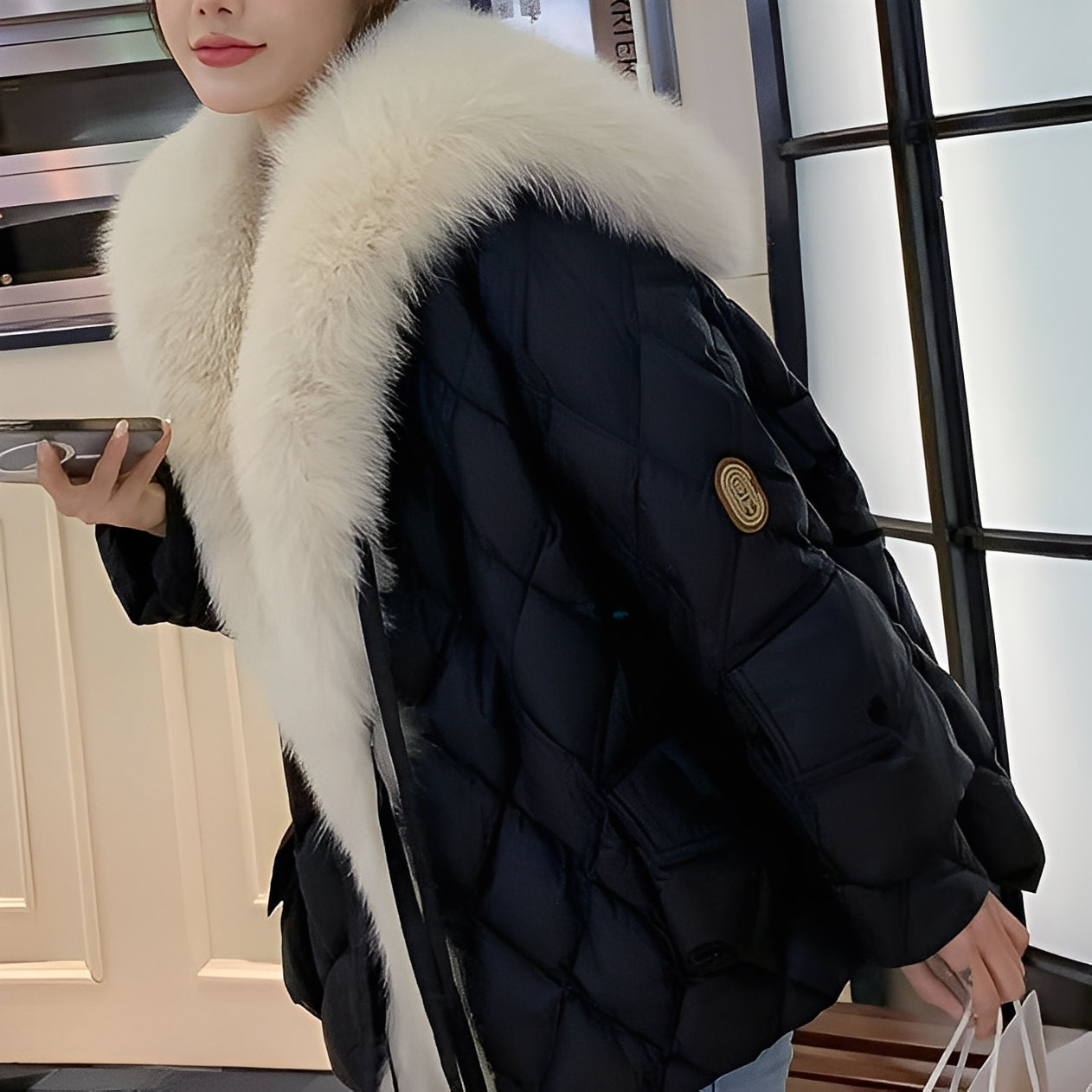 Marjorie - Chaqueta de plumas a la moda con cuello de piel para mujeres