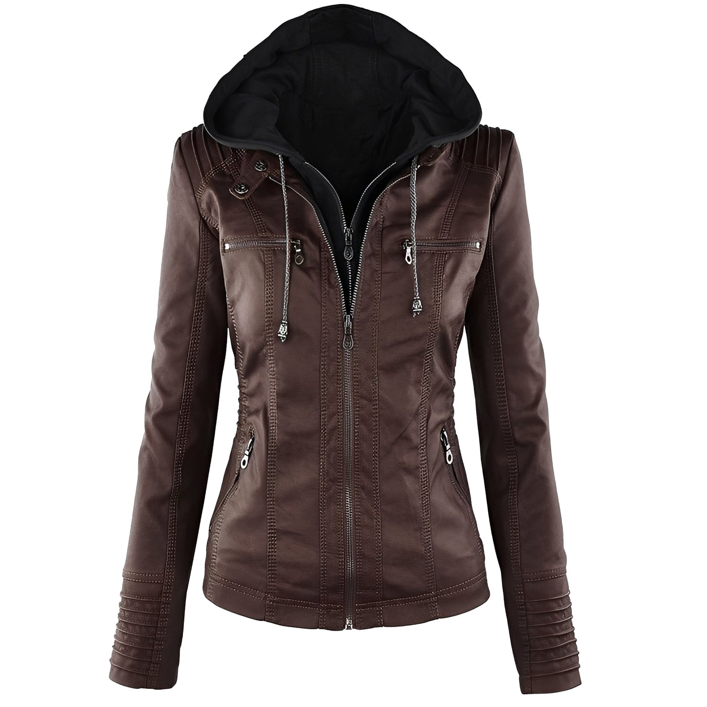 Janene - Chaqueta de cuero casual y a prueba de agua con capucha para mujeres