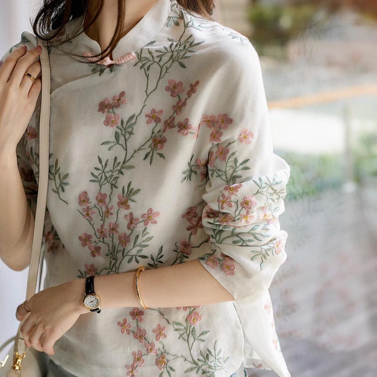 Charnette - Hermosa blusa de lino bordada para mujer