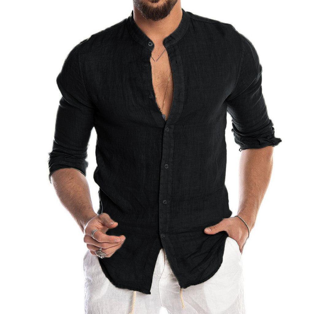 Heath - Camisa de lino para hombres con cuello mao, manga larga