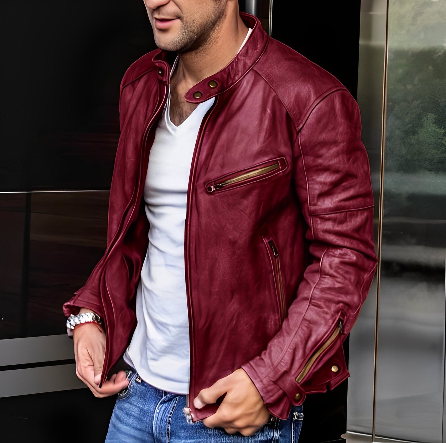 Hayden - Chaqueta de cuero clásica con bolsillos con cremallera para hombres