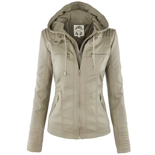 Janene - Chaqueta de cuero casual y a prueba de agua con capucha para mujeres