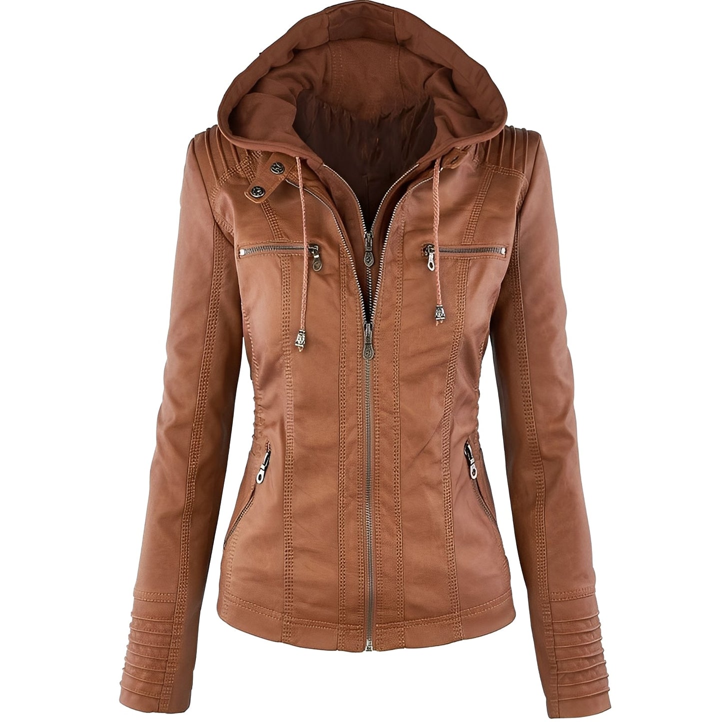 Janene - Chaqueta de cuero casual y a prueba de agua con capucha para mujeres