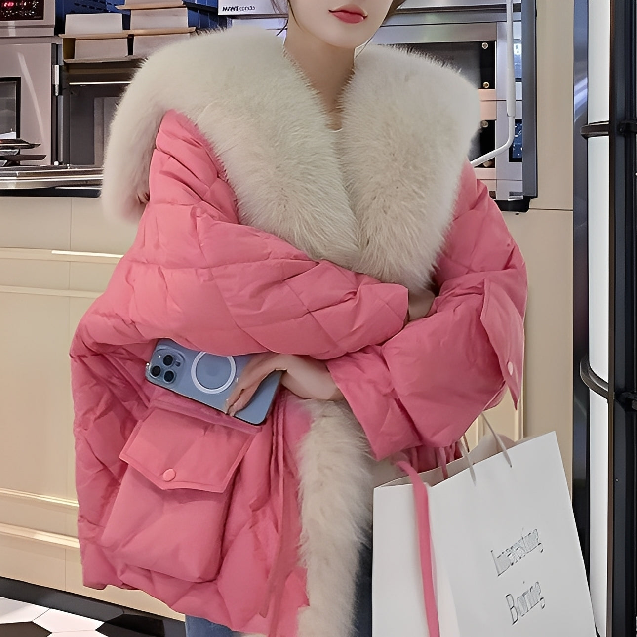Marjorie - Chaqueta de plumas a la moda con cuello de piel para mujeres