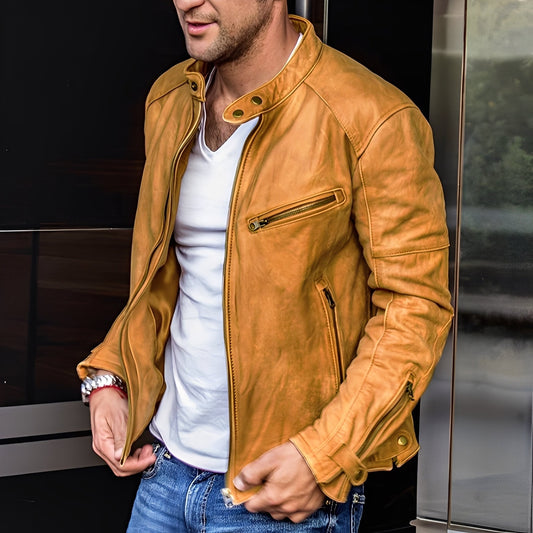 Hayden - Chaqueta de cuero clásica con bolsillos con cremallera para hombres