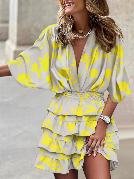 Liora – Vestido Floral con Escote en V y Volantes
