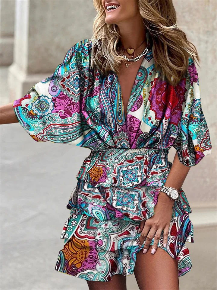 Liora – Vestido Floral con Escote en V y Volantes