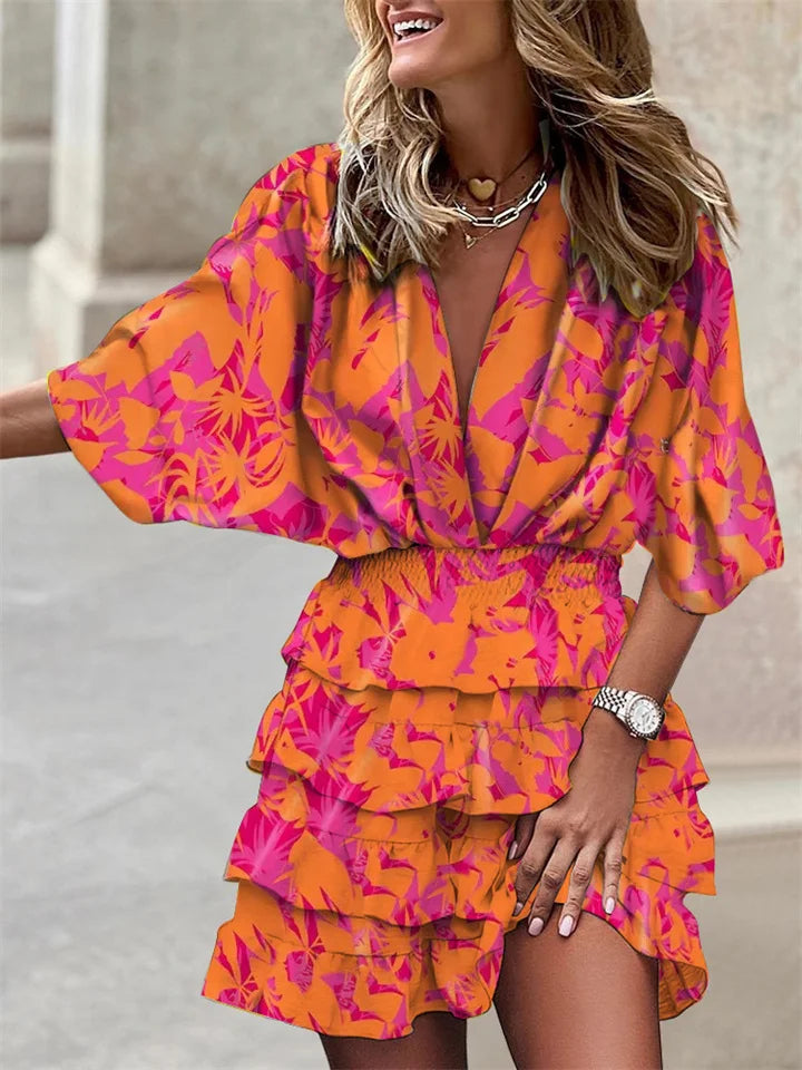 Liora – Vestido Floral con Escote en V y Volantes