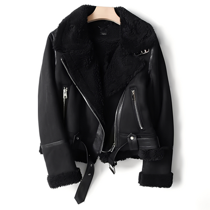 Yasmine - Chaqueta biker cálida de cuero de oveja para mujeres