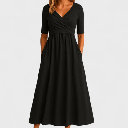 Riley – Vestido Midi Elegante con Cuello en Sobrepuesto