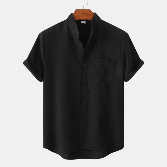 Bastien - Camisa de hombre de lino con mangas cortas y cuello estilo solapa