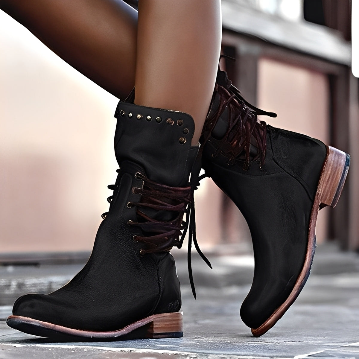 Lenora - Botas de cuero clásicas con tacón bajo para mujeres