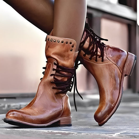 Lenora - Botas de cuero clásicas con tacón bajo para mujeres