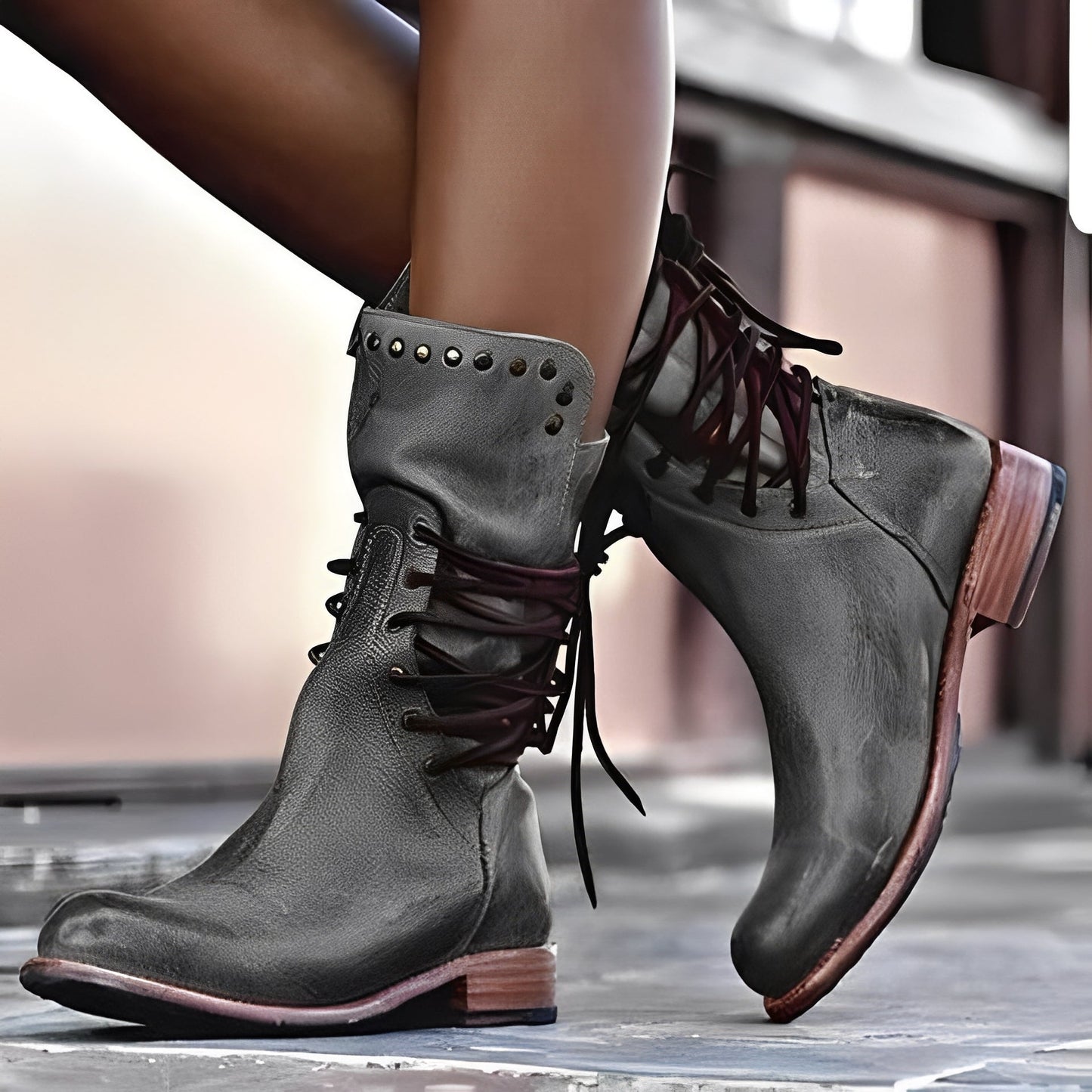 Lenora - Botas de cuero clásicas con tacón bajo para mujeres
