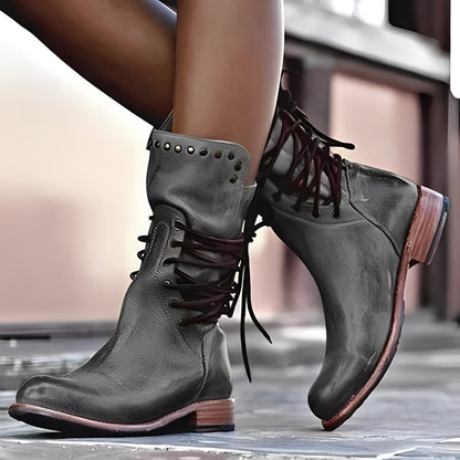 Lenora - Botas de cuero clásicas con tacón bajo para mujeres